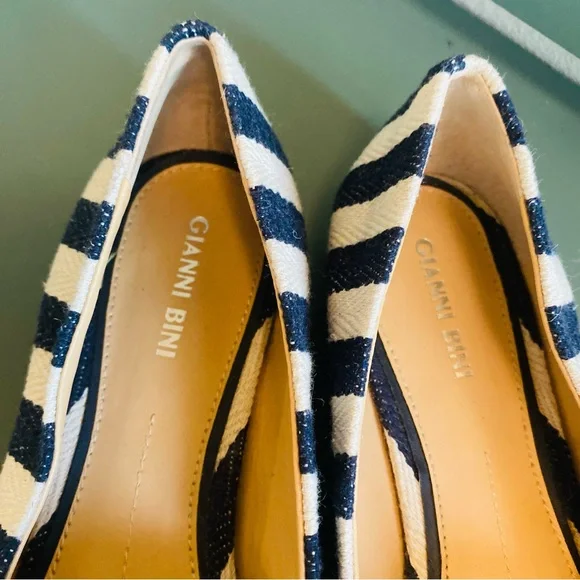 GIANNI BINI Blue White Nautical Stripe Canvas Pointy Toe Bow Flats - Picture 8 of 10